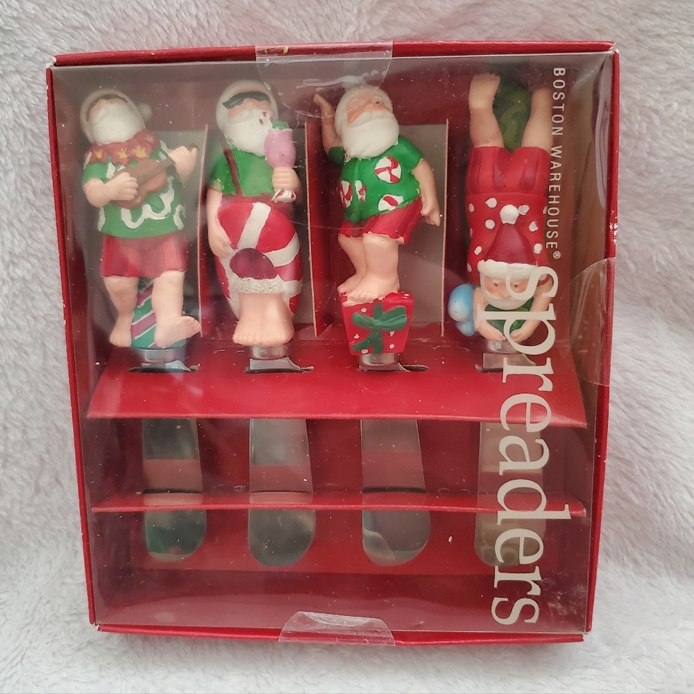 NIB Vintage Boston Warehouse Tropical Santa Holiday Spreaders Set of 4